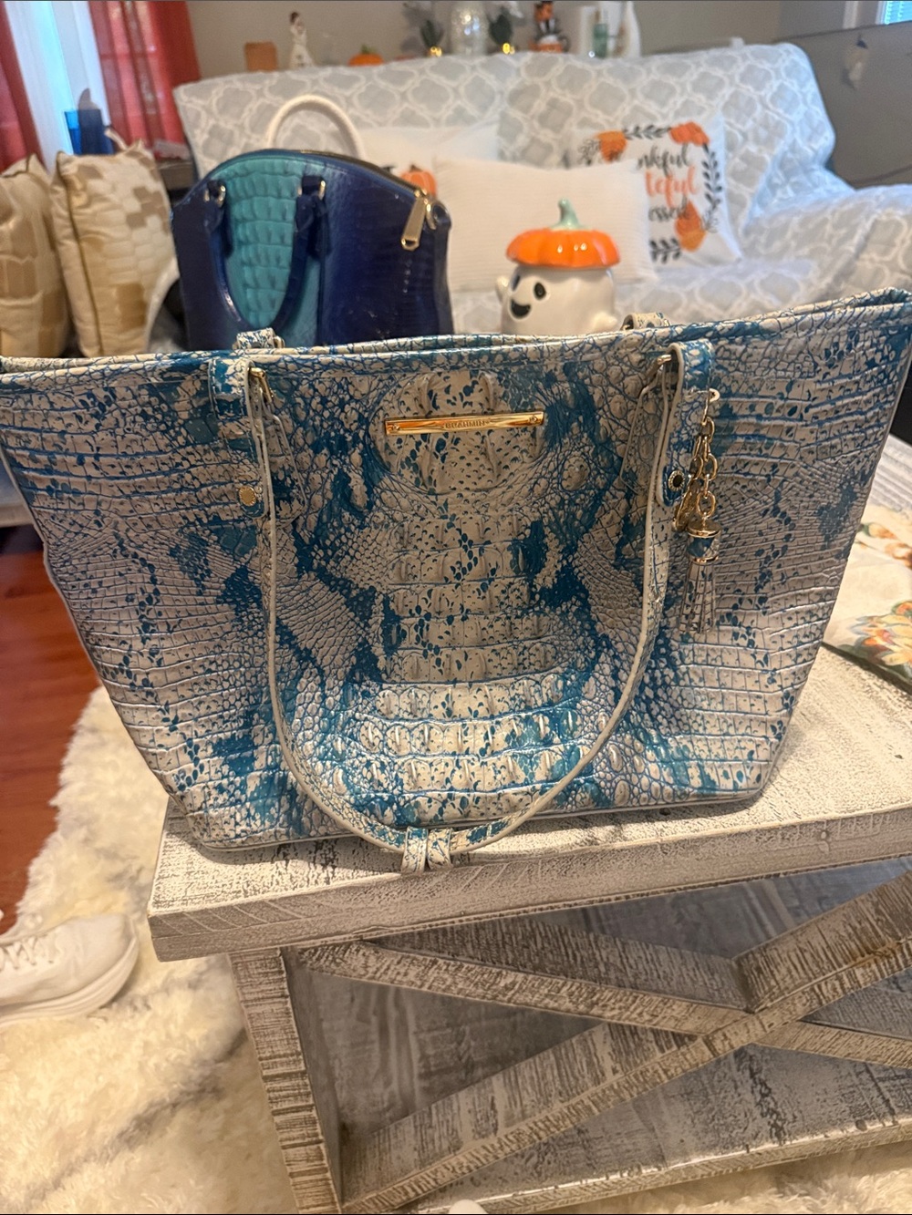 Brahmin Blue and White Faux Croc Tote with Gold Hardware